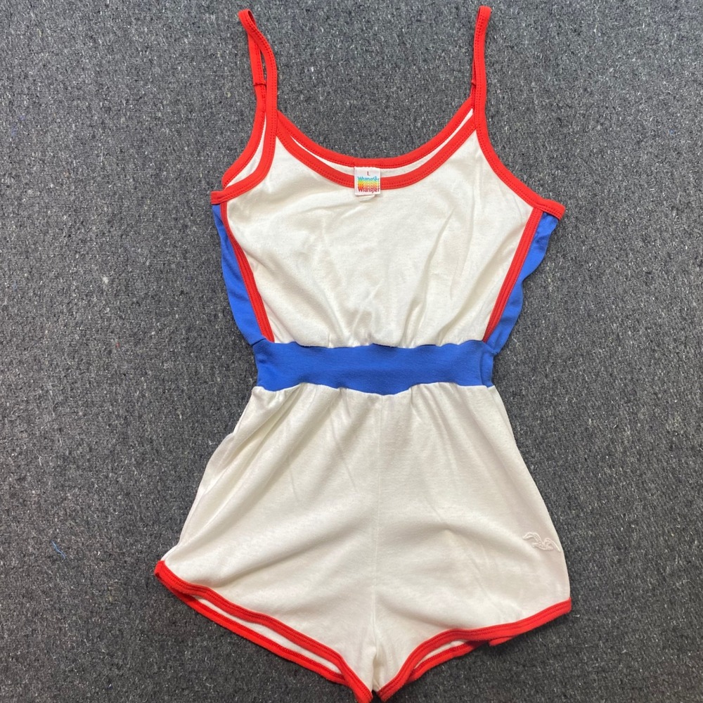 Wrangler Romper Sz L Womens White Retro Colorblock Ringer 70s Skater Made in USA